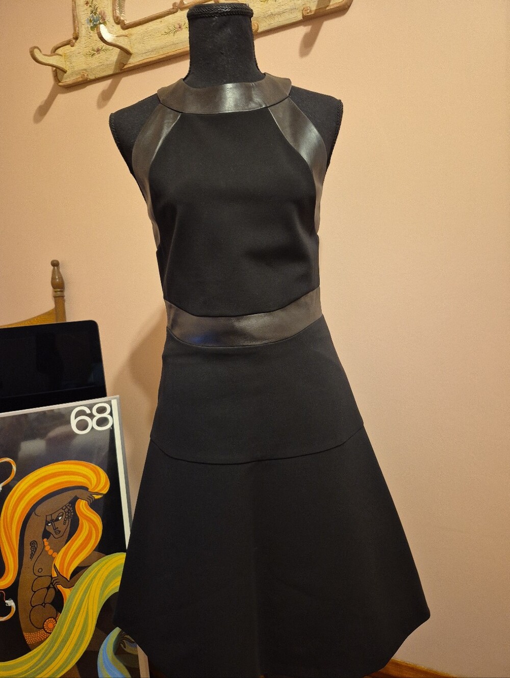 Gucci Black Stretch jersey ponte Sleeveless A-Line Dress with Faux Leather Trim